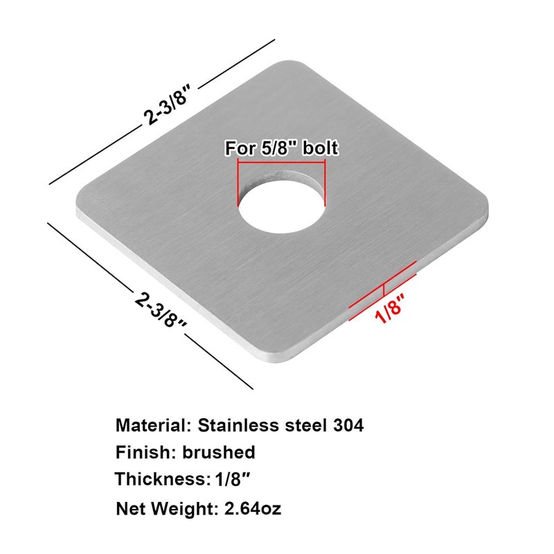 heneng 10 Pcs 304 Stainless Steel Square Plate Washers, 5/8"(ID) x 2-3/8" x 2-3/8", Flat Washer Fastener, 1/8" Thick - Image 2